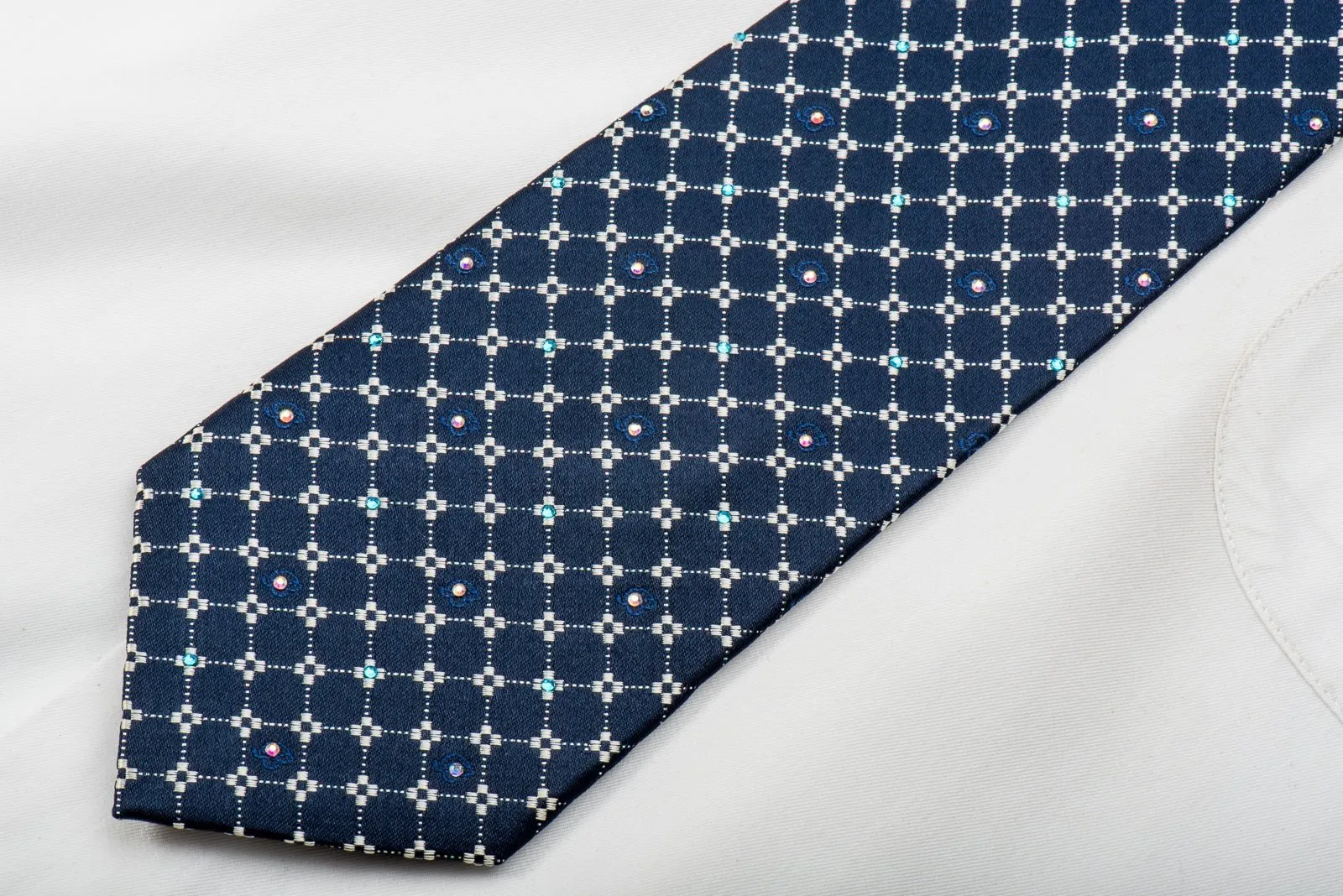 Brentwood Rhinestone Tie Silver Trellis On Navy With Silver Sparkles