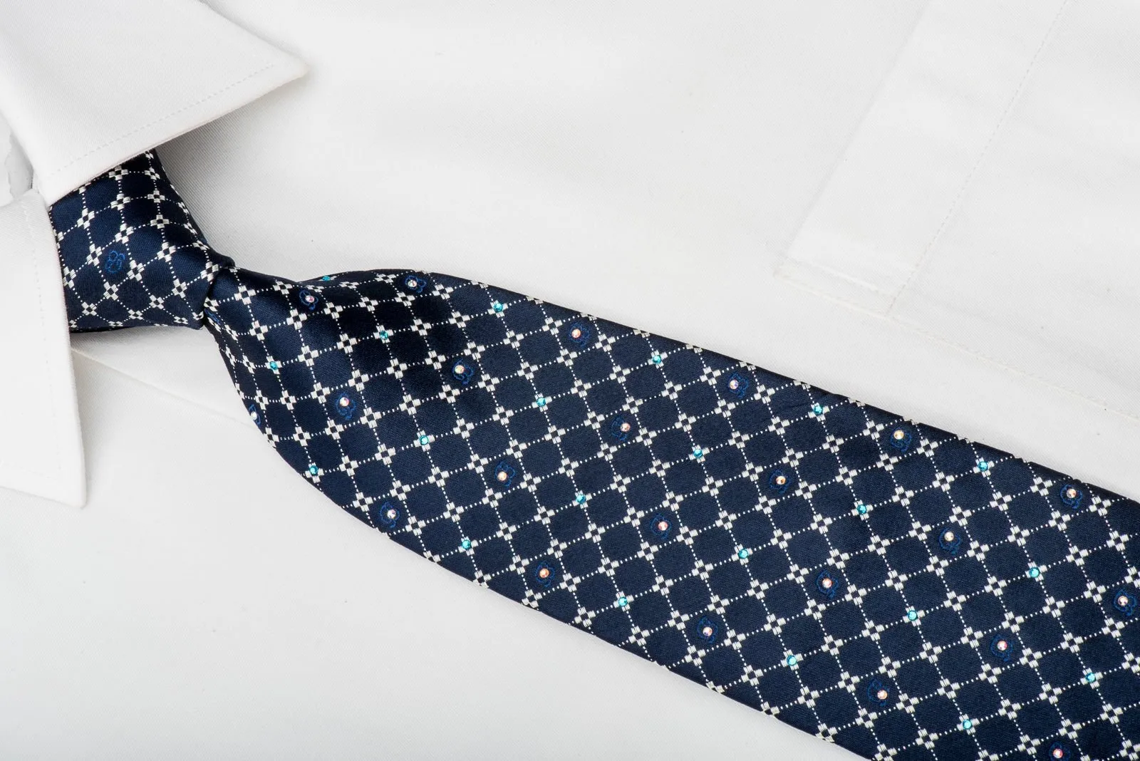Brentwood Rhinestone Tie Silver Trellis On Navy With Silver Sparkles