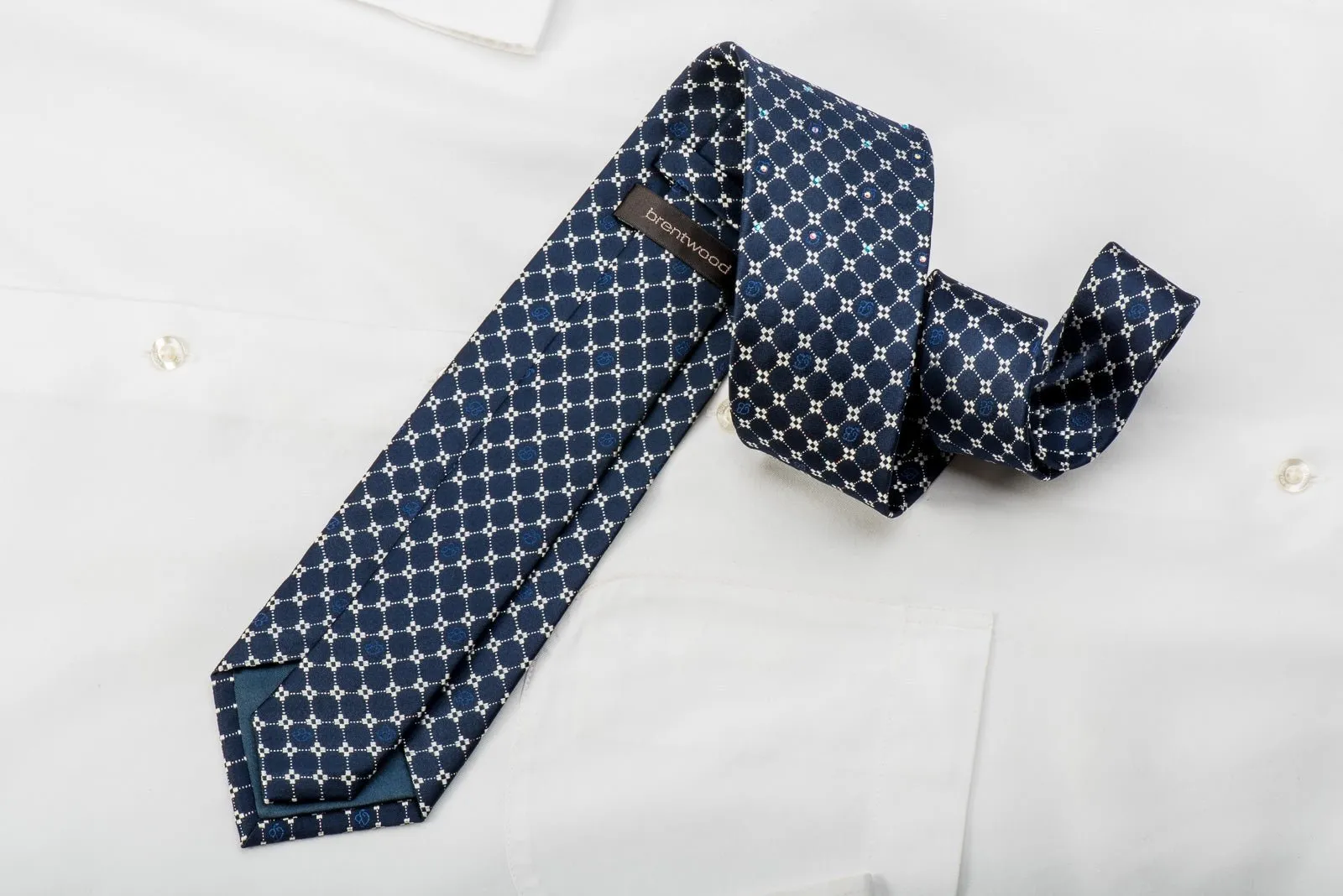 Brentwood Rhinestone Tie Silver Trellis On Navy With Silver Sparkles