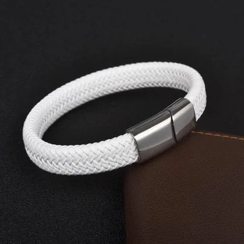 Classy Men White & Silver Braided Leather Bracelet