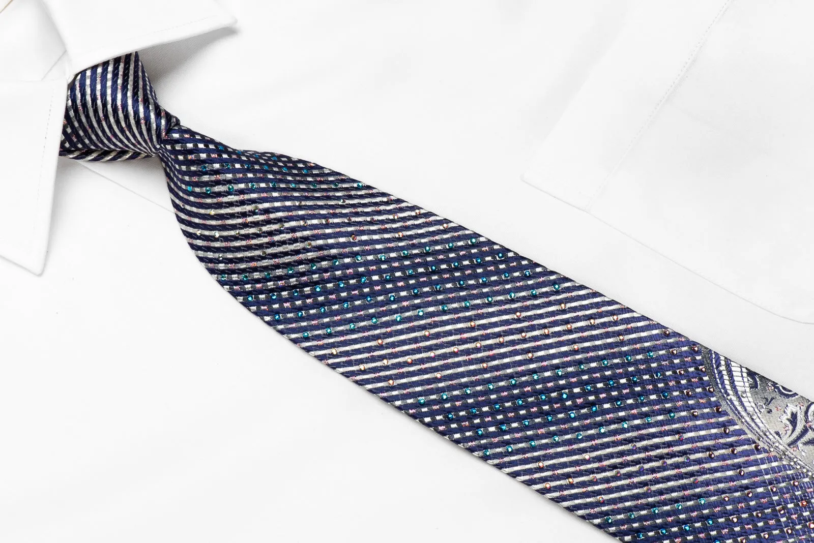 Daks Men's Crystal Silk Necktie Silver Blue Striped & Floral With Silver Sparkles