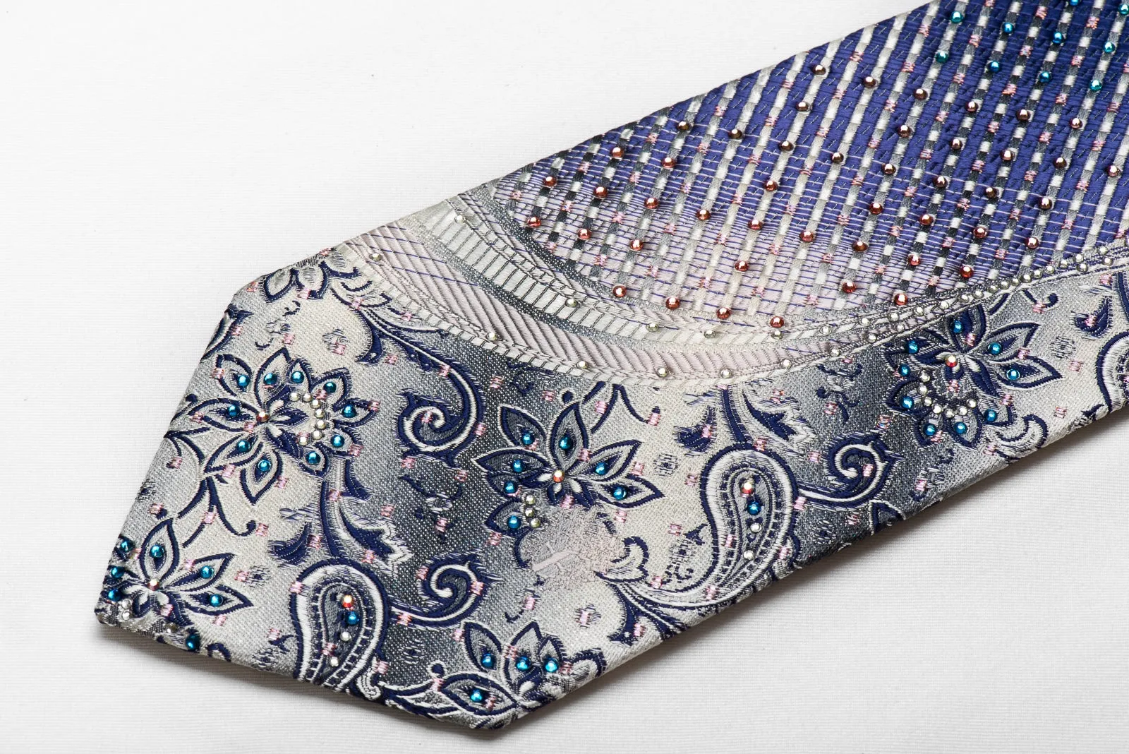 Daks Men's Crystal Silk Necktie Silver Blue Striped & Floral With Silver Sparkles