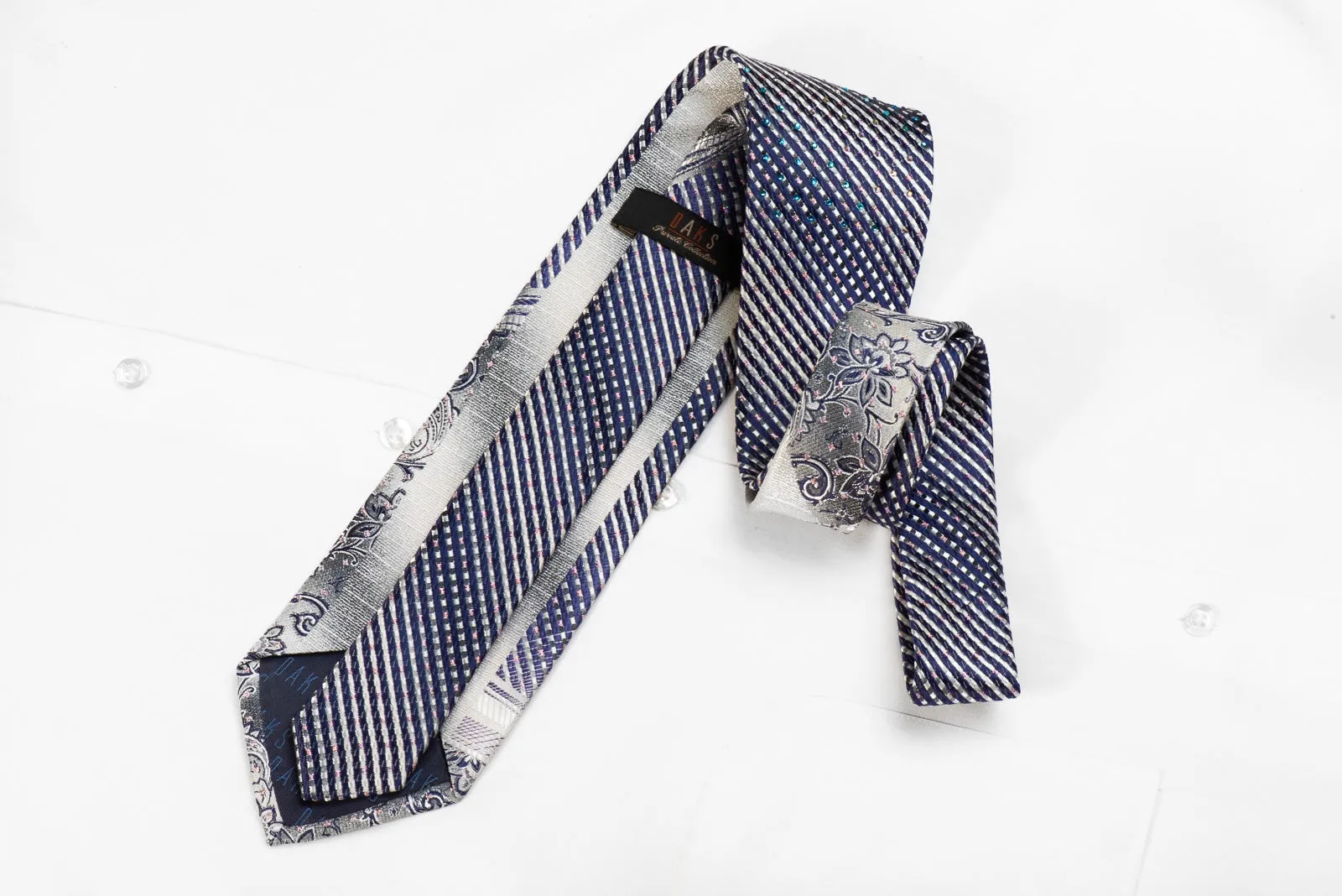 Daks Men's Crystal Silk Necktie Silver Blue Striped & Floral With Silver Sparkles