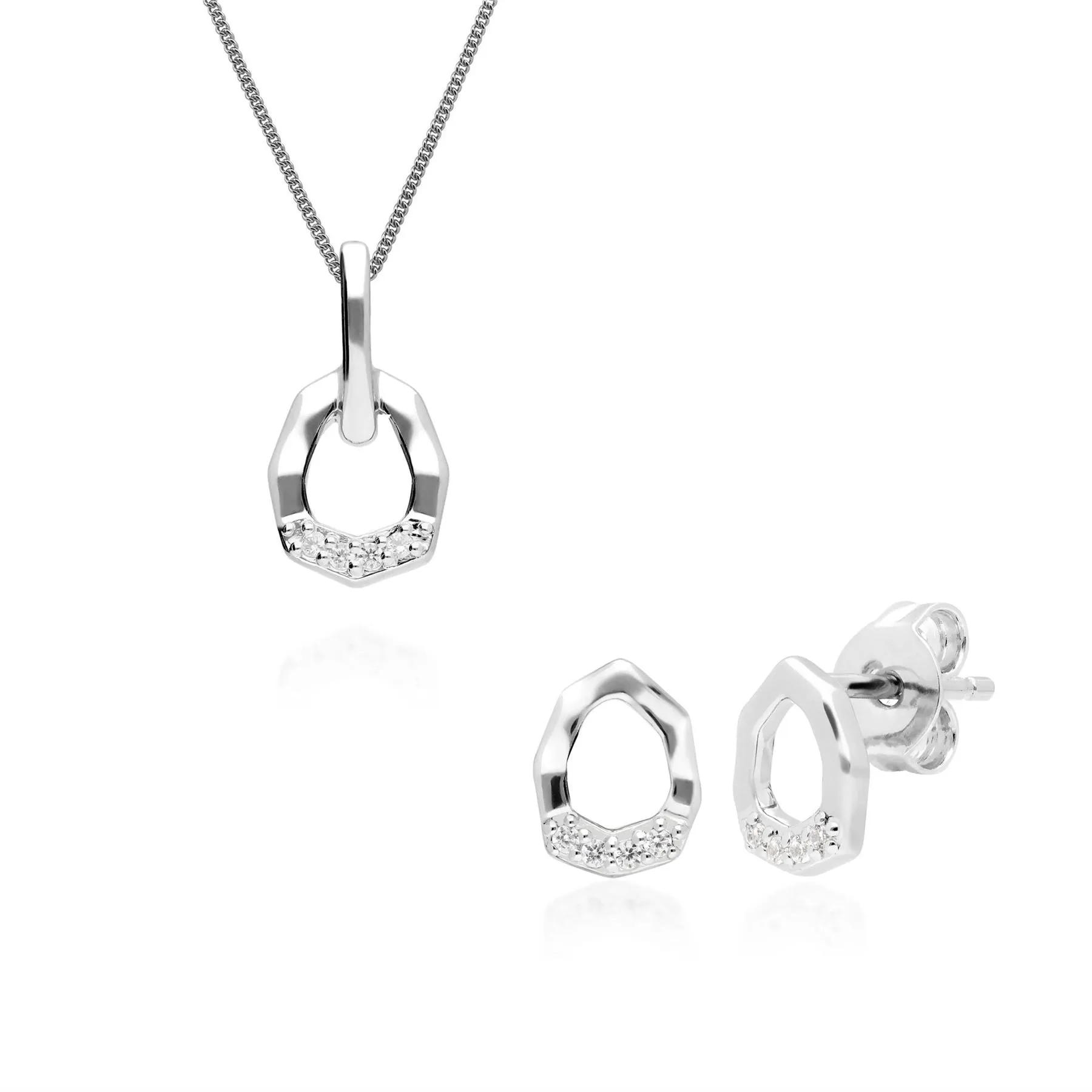 Diamant Pave Asymmetrischer Anhänger & Ohrstecker Satz in 9ct Weiß Gold