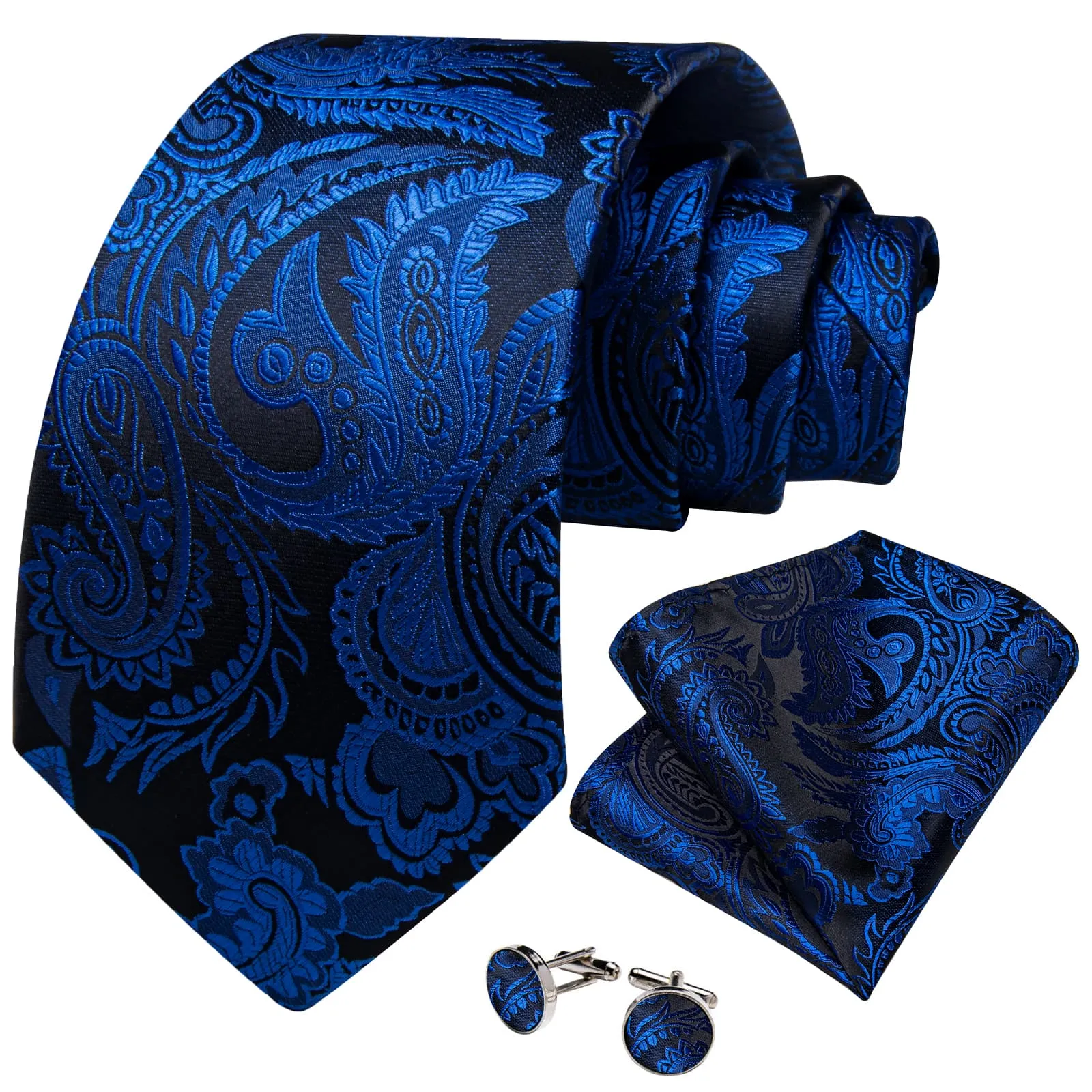 DiBanGu Dress Tie Persian Blue Paisley Mens Work Silk Tie Pocket Square Cufflinks Set