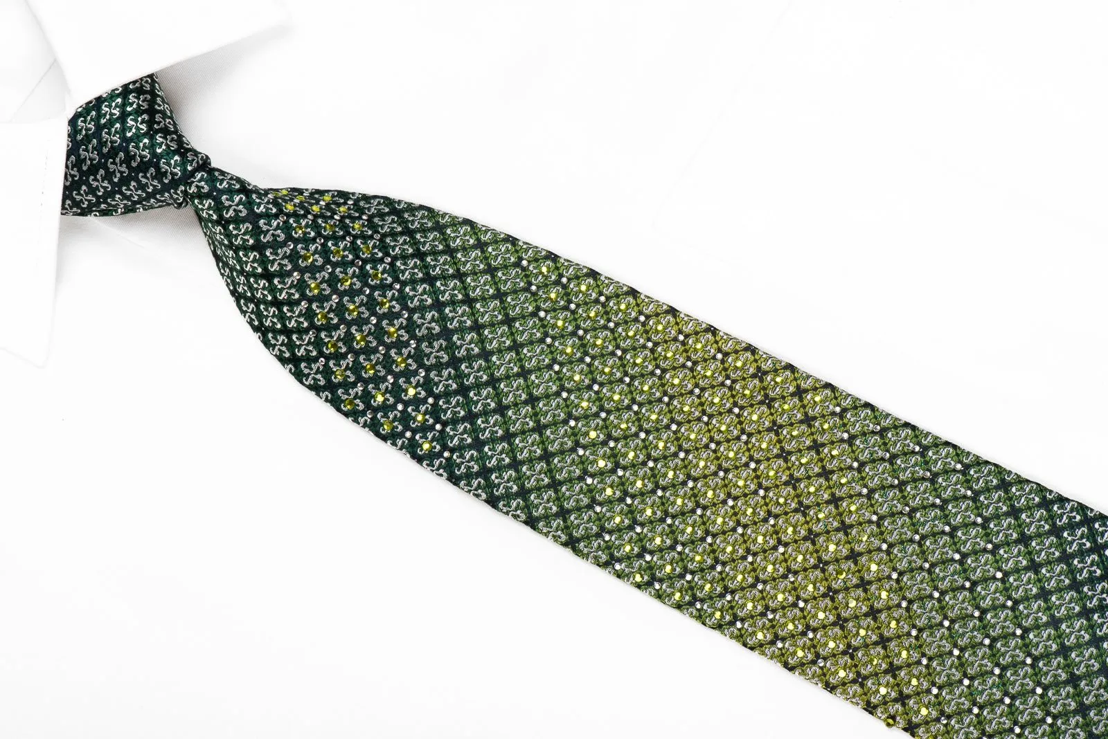 Elle Homme Men's Crystal Silk Neckties Green Silver Cartouche On Navy With Sparkles