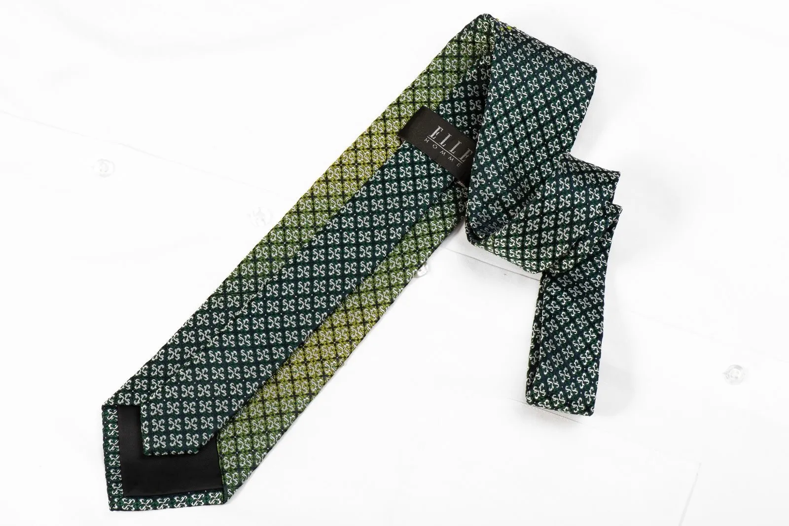 Elle Homme Men's Crystal Silk Neckties Green Silver Cartouche On Navy With Sparkles