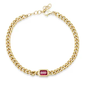 Emerald Cut Ruby with Gold Frame Cuban Link Chain Bracelet