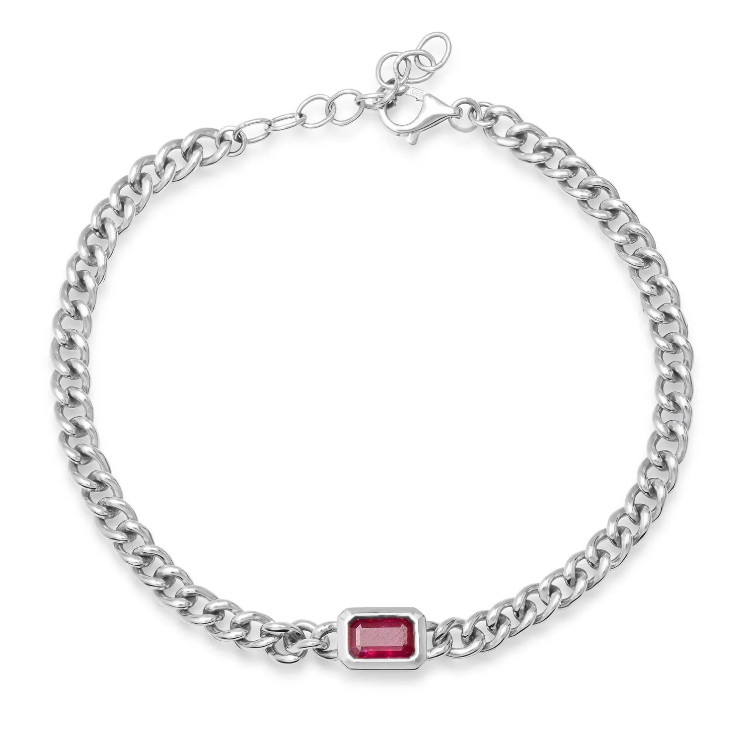 Emerald Cut Ruby with Gold Frame Cuban Link Chain Bracelet