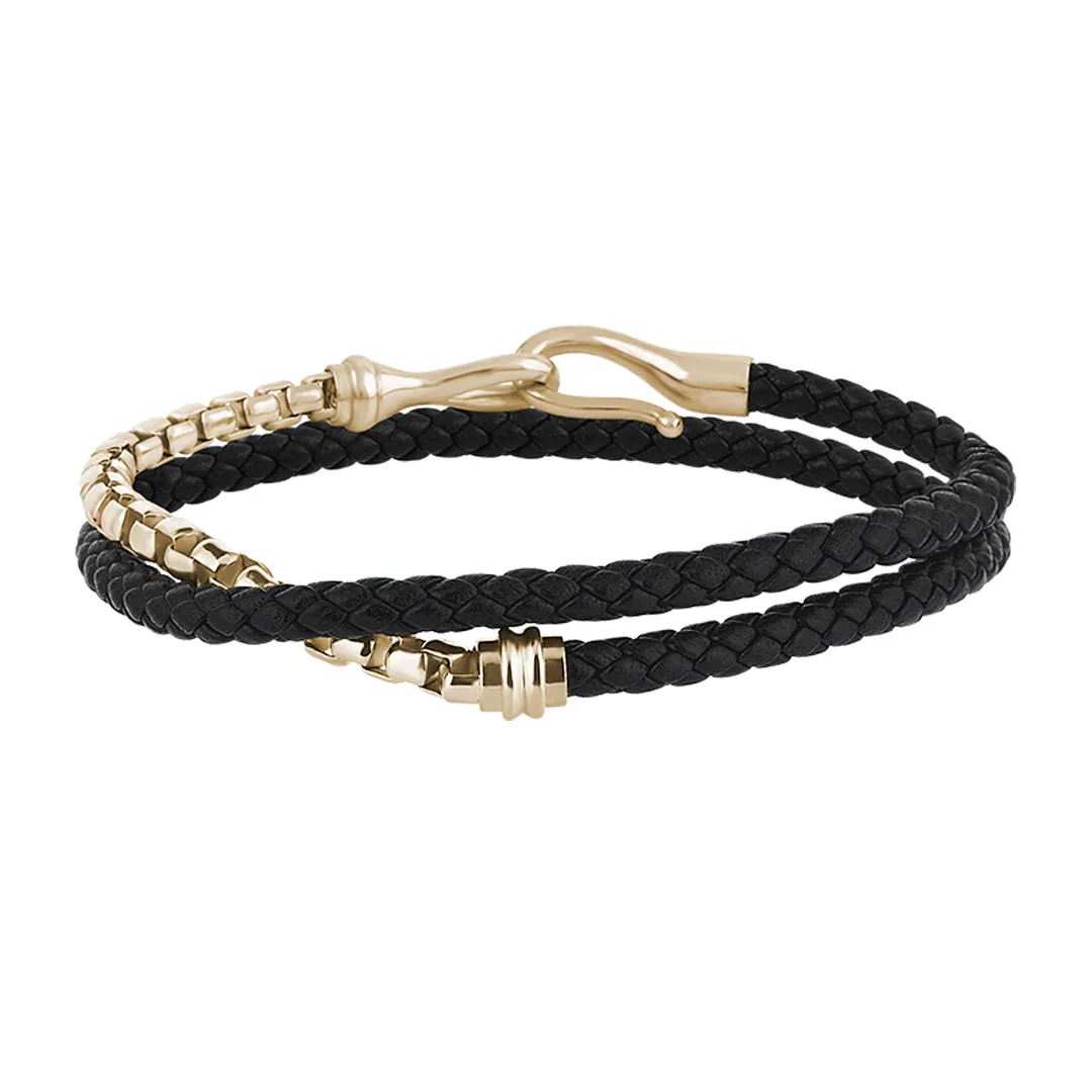 Fish Hook Leather & Box Chain Wrap Bracelet in Gold