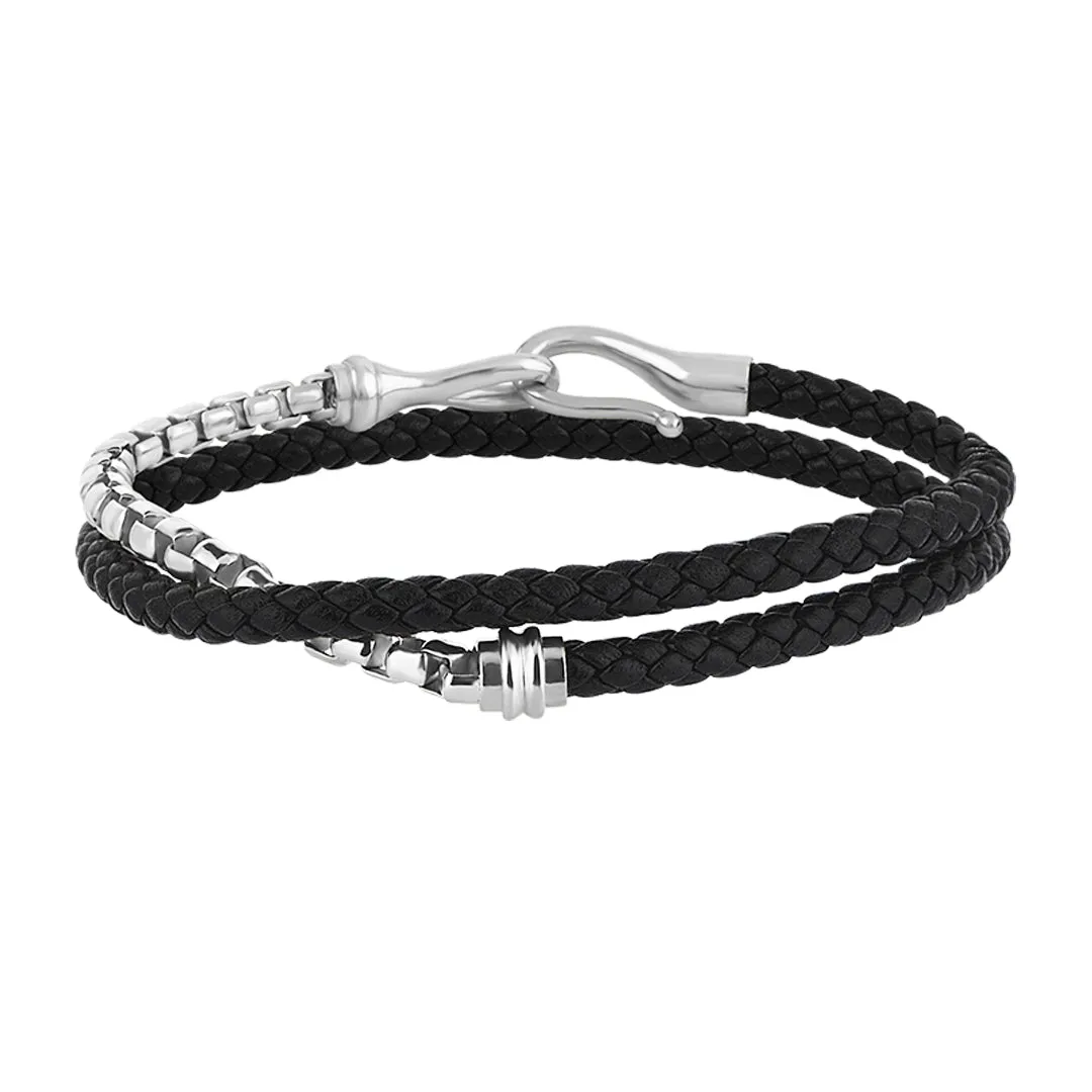 Fish Hook Leather & Box Chain Wrap Bracelet in Gold