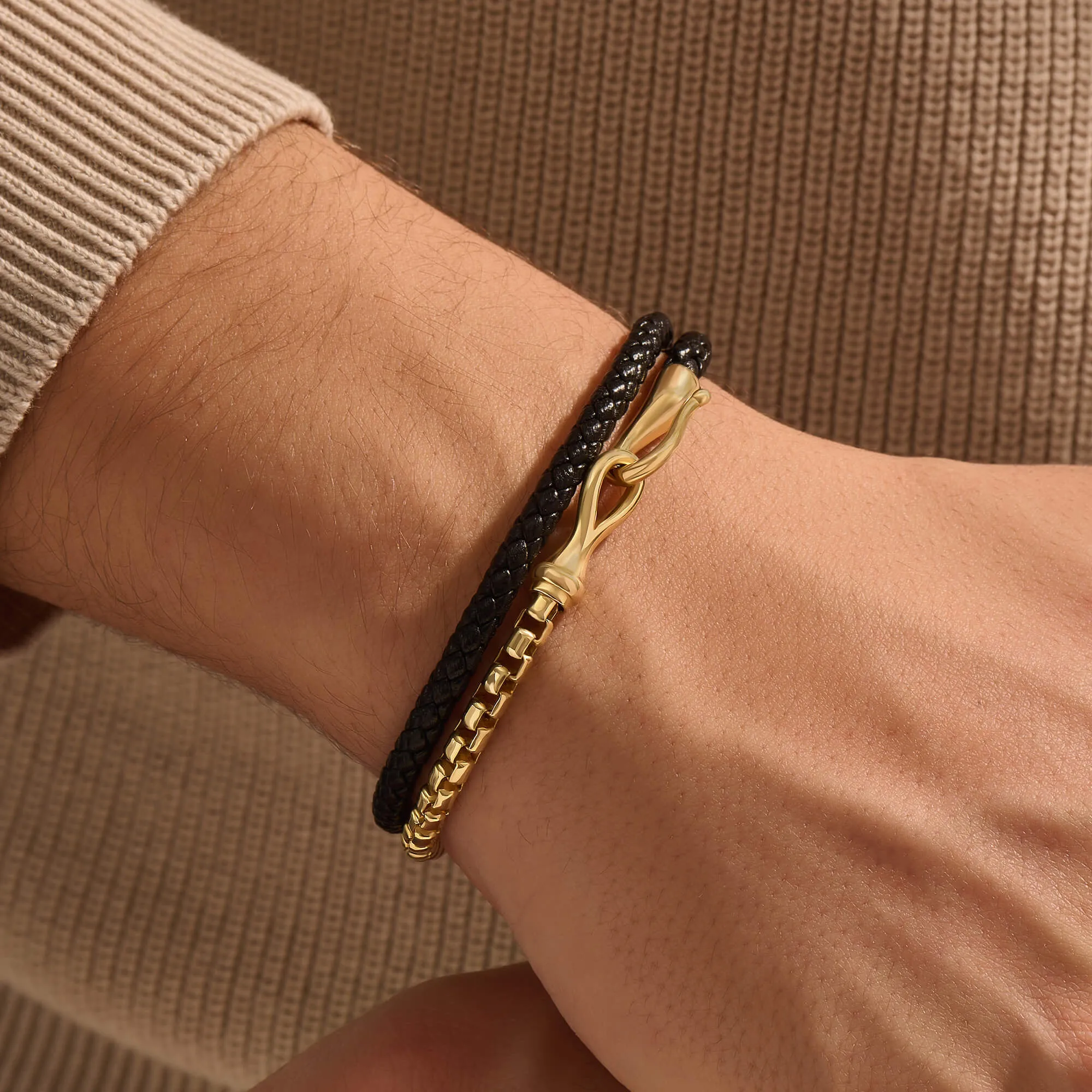 Fish Hook Leather & Box Chain Wrap Bracelet in Gold