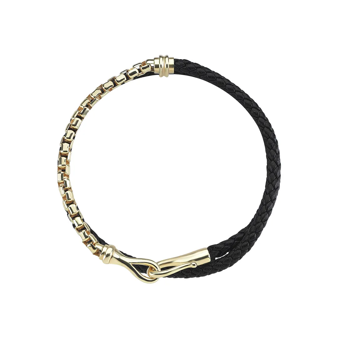 Fish Hook Leather & Box Chain Wrap Bracelet in Gold