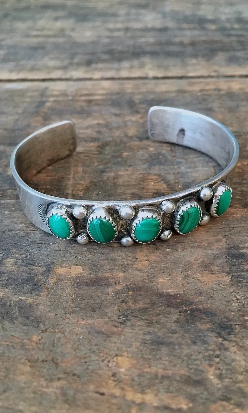 GOING GREEN 1940s Sterling Silver & Malachite Cuff