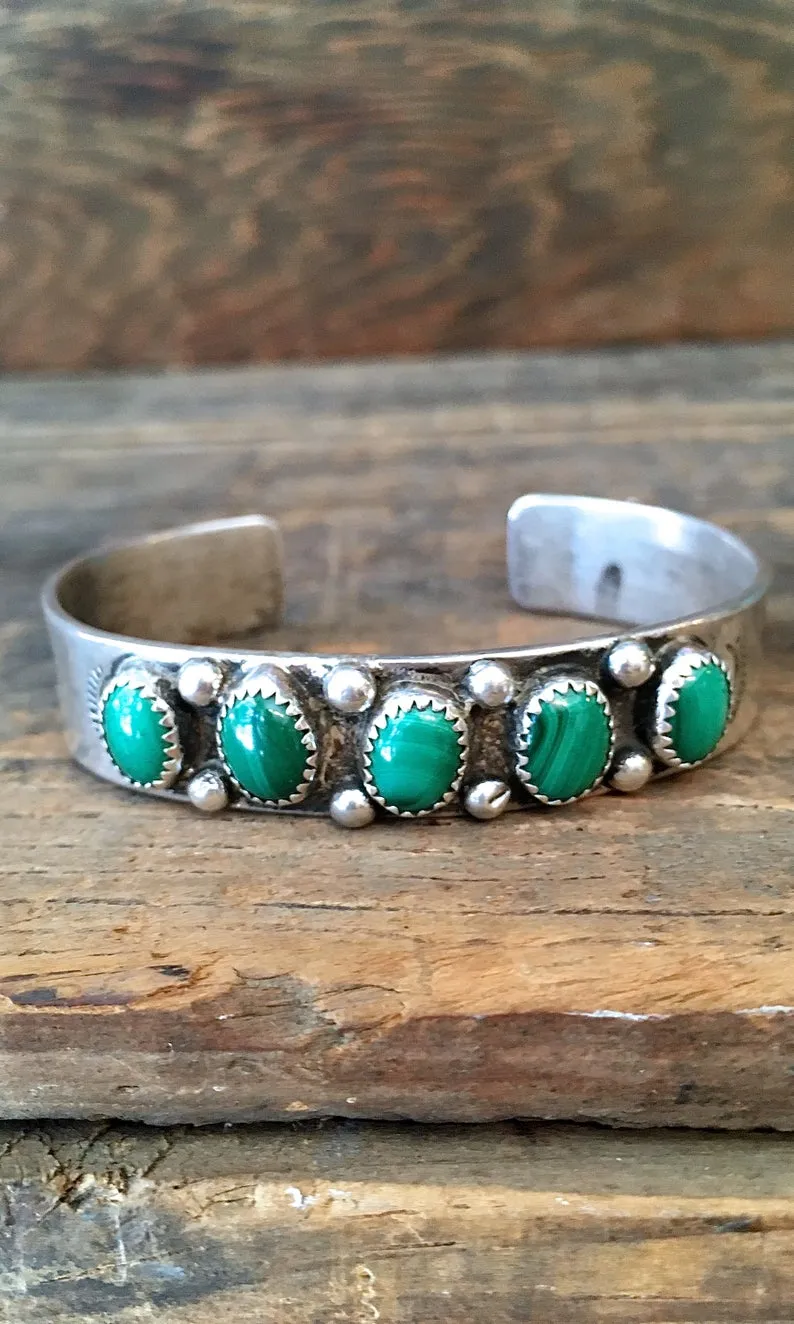 GOING GREEN 1940s Sterling Silver & Malachite Cuff