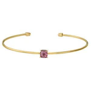 Gold Finish Sterling Silver Pliable Cuff Bracelet with Faceted Cushion Cut Simulated Pink Sapphire Birth Gem - October