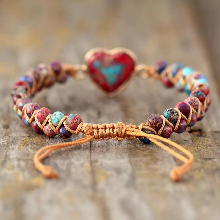 Jasper Heart Charm Braided Bracelet - d. blue
