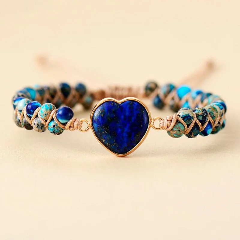 Jasper Heart Charm Braided Bracelet - d. blue