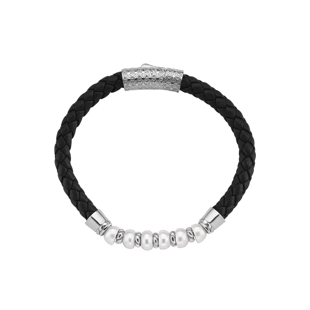 Leather Pearl Beaded Bracelet in Silver