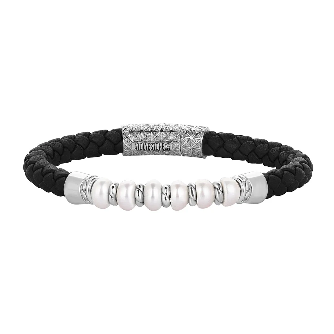 Leather Pearl Beaded Bracelet in Silver