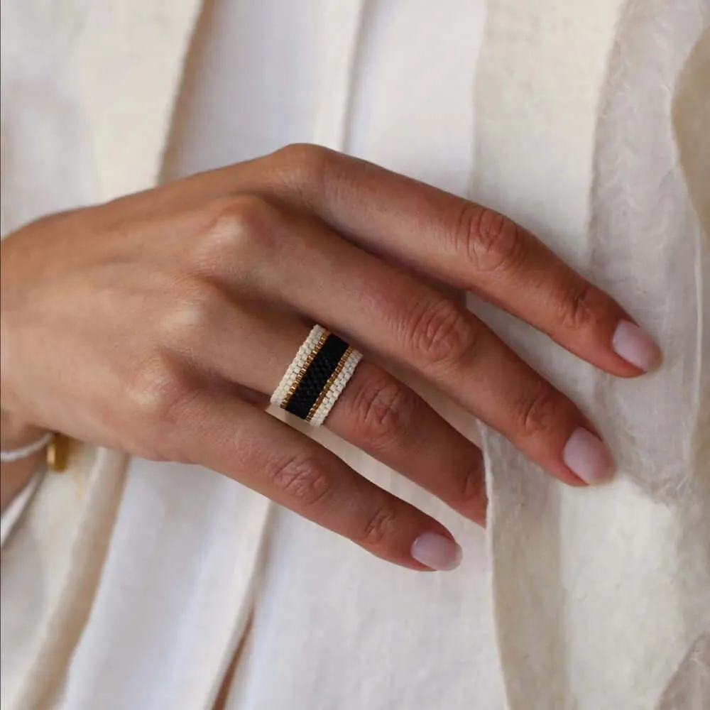 Maasai Woven Ring Cream-Black-Gold