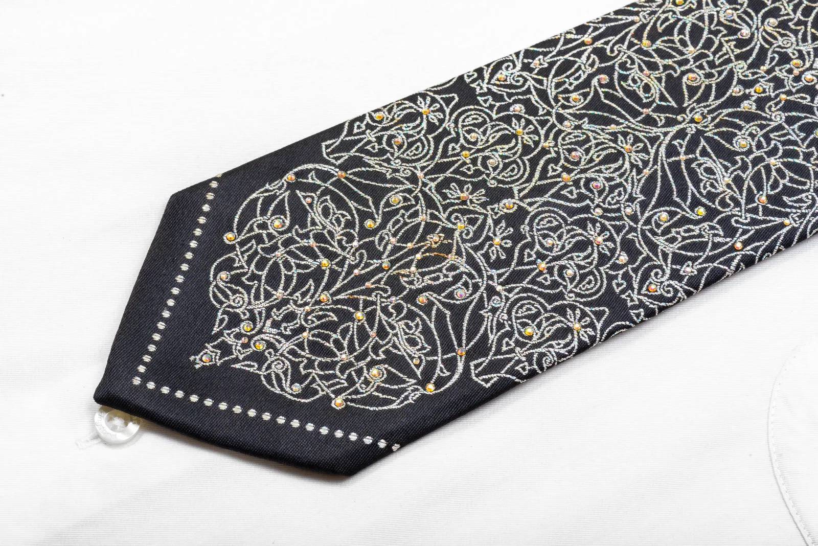 Mila Schon Mens Crystal Rhinestone Necktie Silver Filigree On Navy With Sparkles