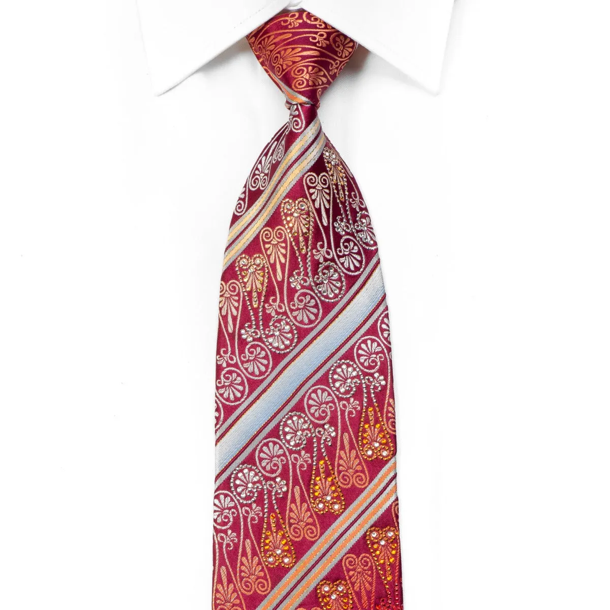 Mila Schon Rhinestone Necktie Anthemion Striped On Burgundy With Sparkles