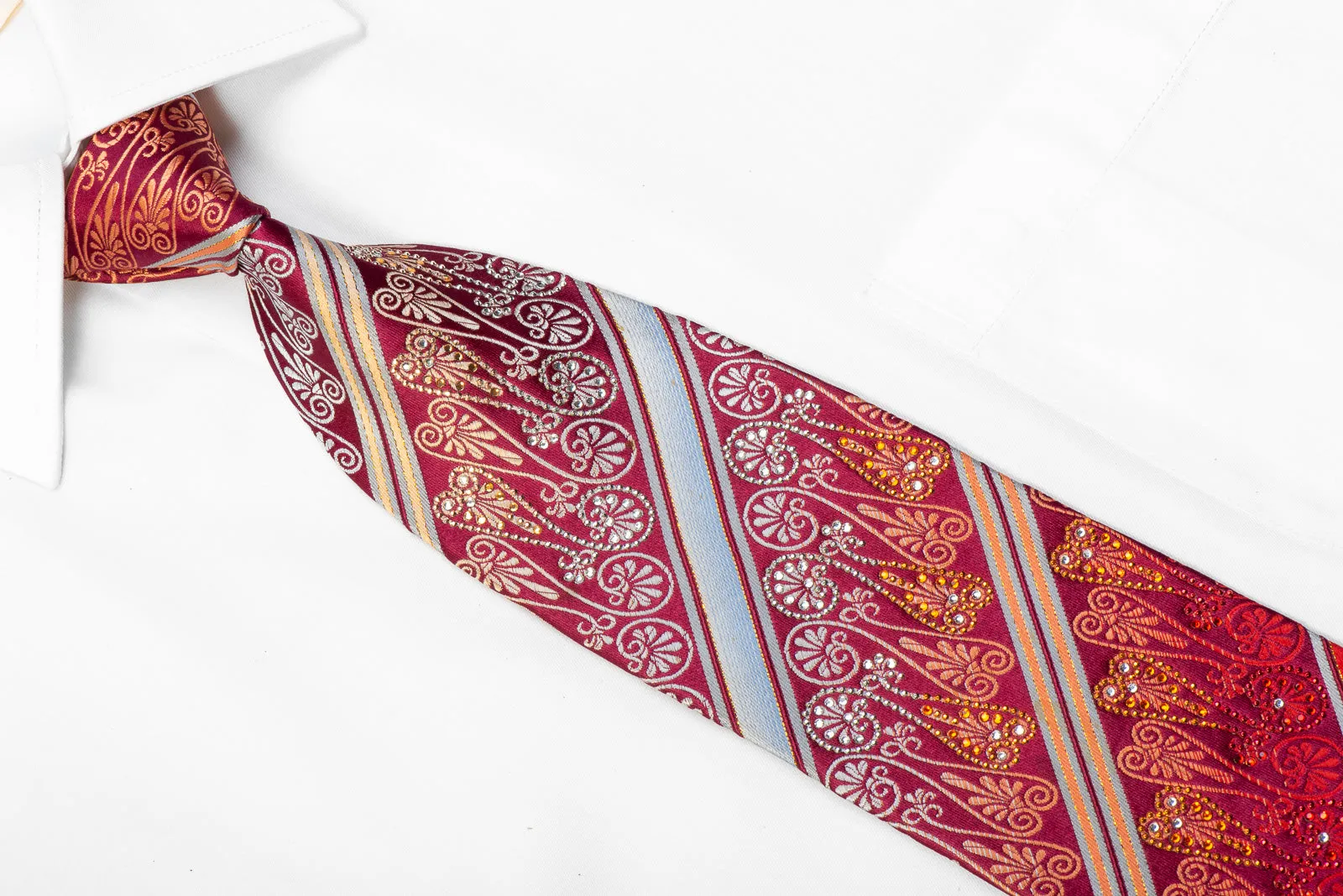 Mila Schon Rhinestone Necktie Anthemion Striped On Burgundy With Sparkles