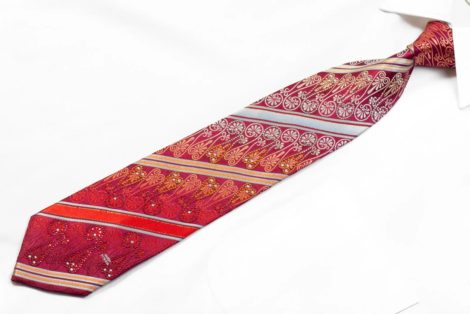 Mila Schon Rhinestone Necktie Anthemion Striped On Burgundy With Sparkles