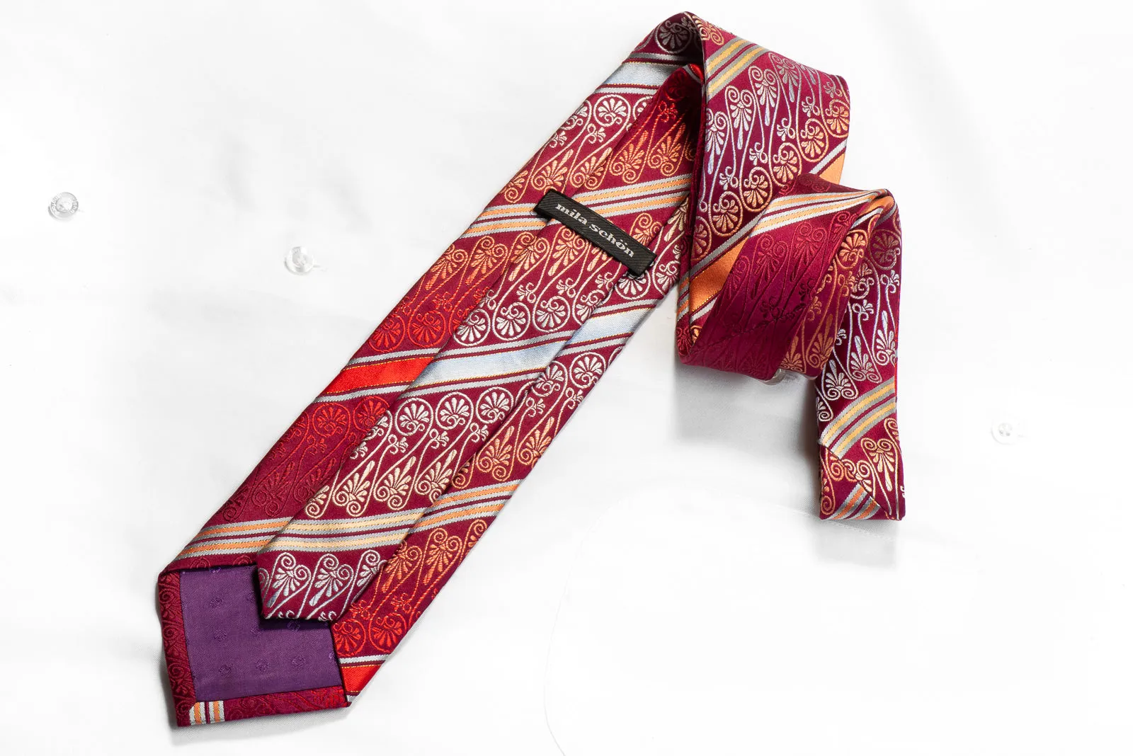 Mila Schon Rhinestone Necktie Anthemion Striped On Burgundy With Sparkles