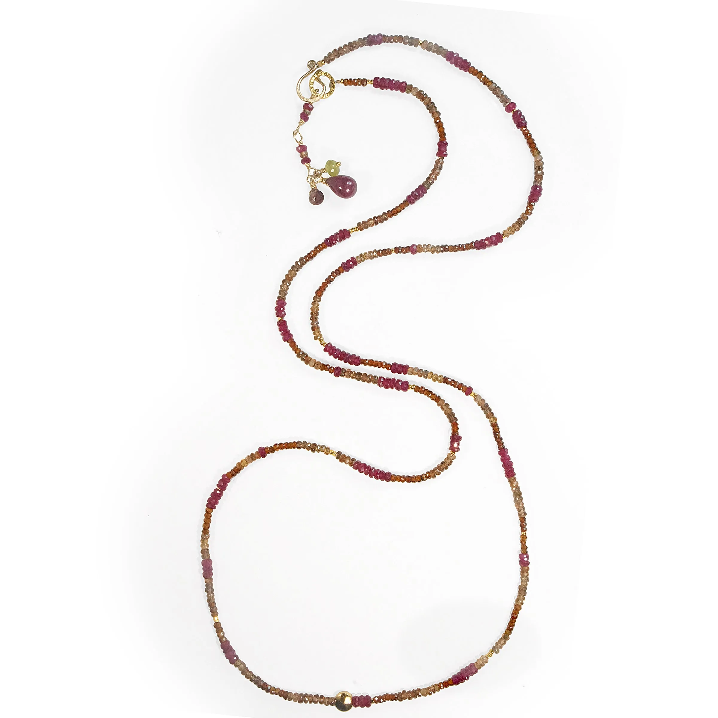 Multi Gemstone Gold Necklace/Wrapped Bracelet with Andalusite and Ruby - Long