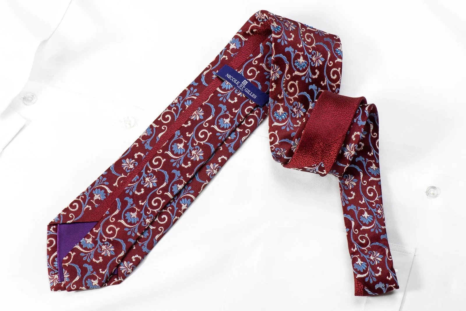 Nicole St Giles Men's Crystal Silk Necktie Floral Scrolls On Burgundy With Silver Sparkles