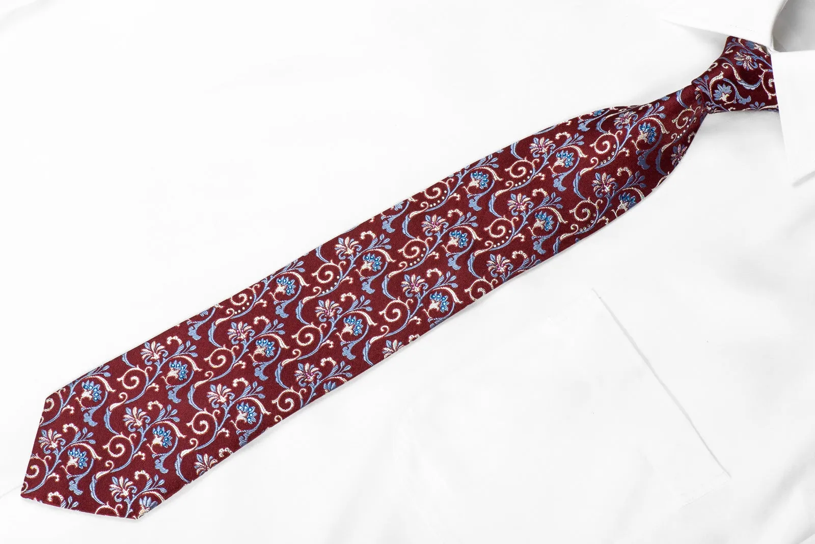 Nicole St Giles Men's Crystal Silk Necktie Floral Scrolls On Burgundy With Silver Sparkles