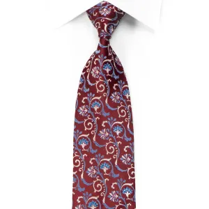 Nicole St Giles Men's Crystal Silk Necktie Floral Scrolls On Burgundy With Silver Sparkles