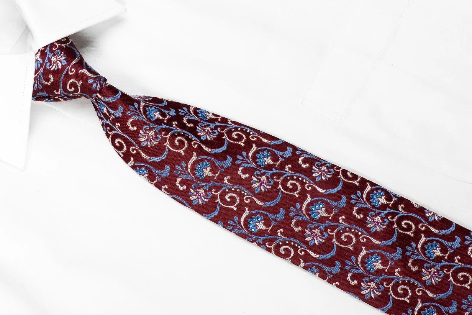 Nicole St Giles Men's Crystal Silk Necktie Floral Scrolls On Burgundy With Silver Sparkles