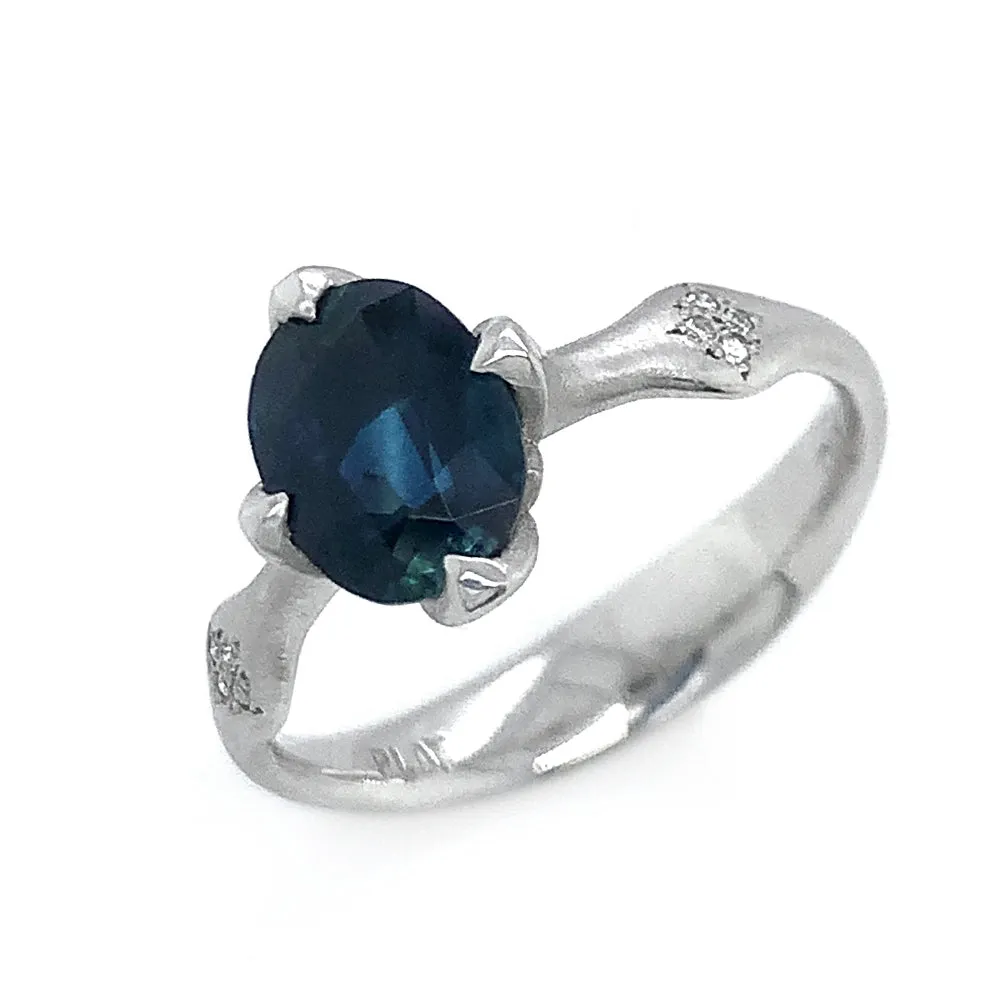 Oval Blue-Green Montana Sapphire & Diamond Engagement Ring - "Rosebud"