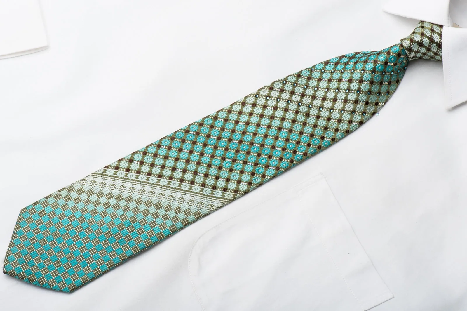 Paco Rabanne Mens Rhinestone Tie Turquoise Checker On Silver Silk With Sparkles