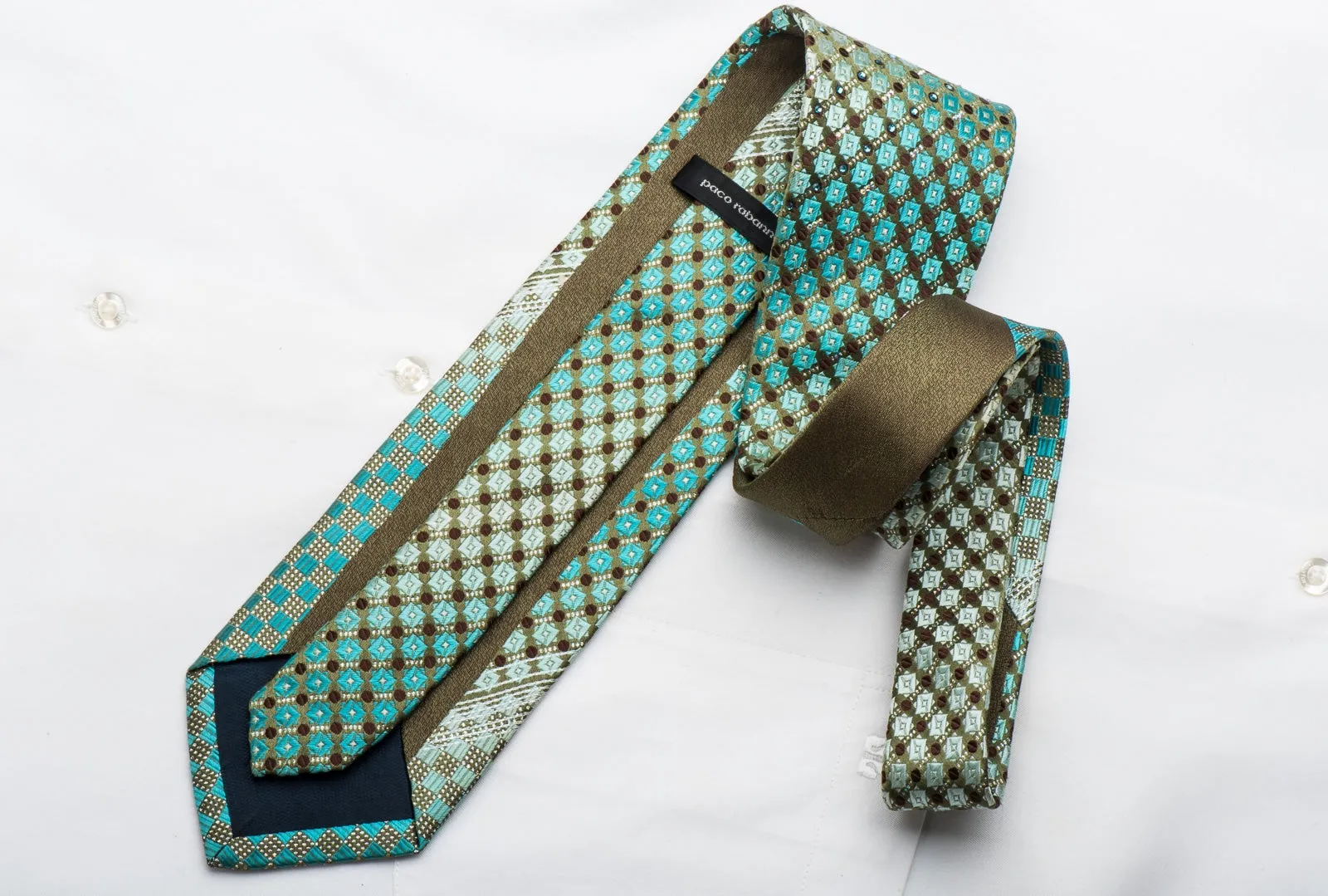 Paco Rabanne Mens Rhinestone Tie Turquoise Checker On Silver Silk With Sparkles