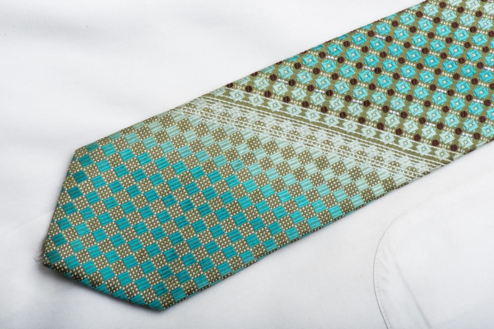 Paco Rabanne Mens Rhinestone Tie Turquoise Checker On Silver Silk With Sparkles