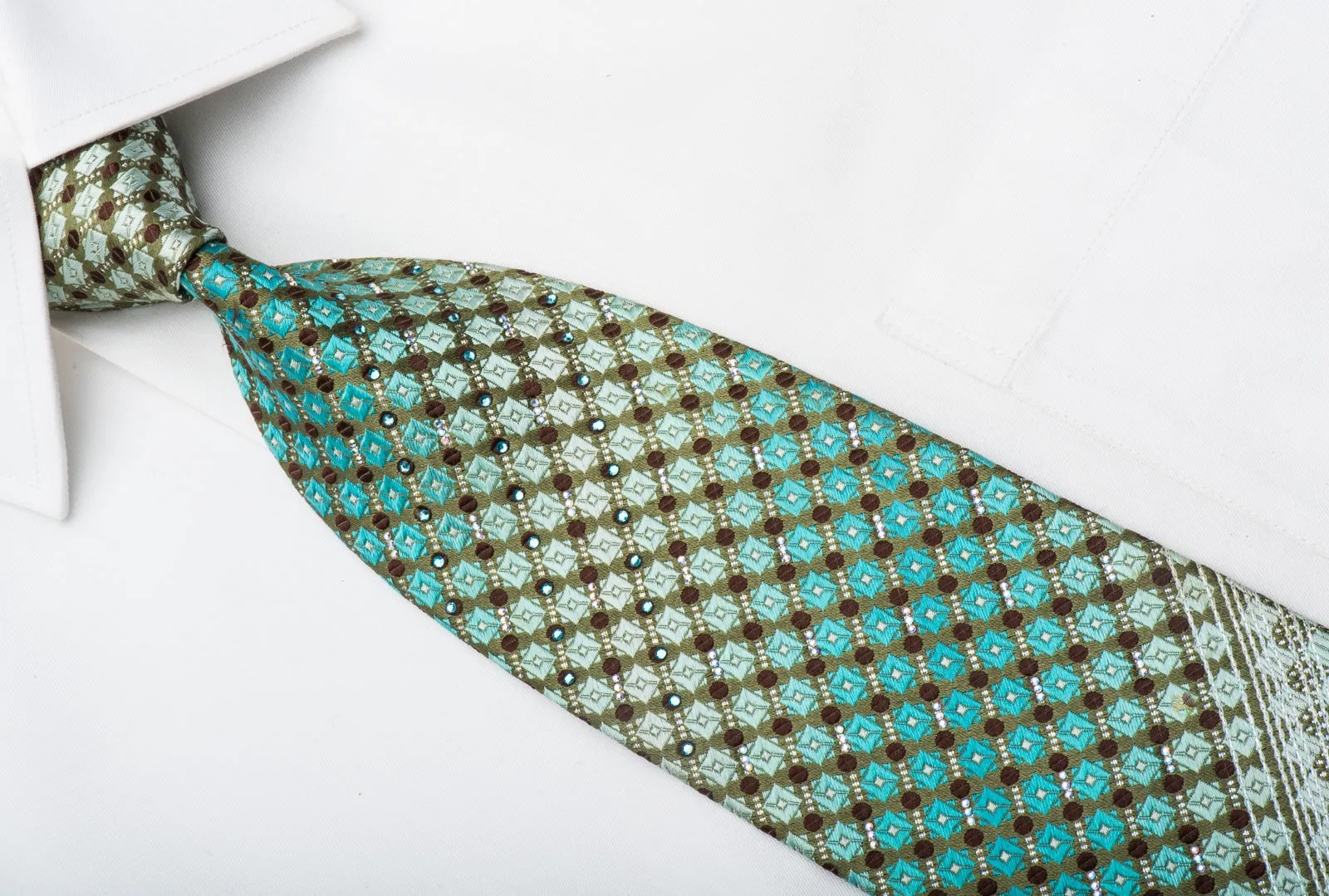Paco Rabanne Mens Rhinestone Tie Turquoise Checker On Silver Silk With Sparkles
