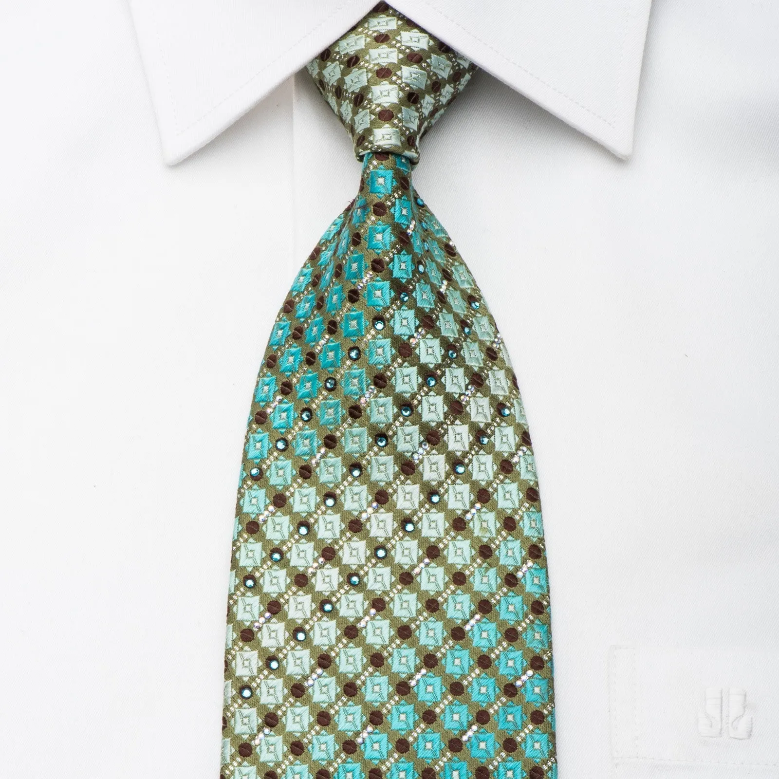 Paco Rabanne Mens Rhinestone Tie Turquoise Checker On Silver Silk With Sparkles