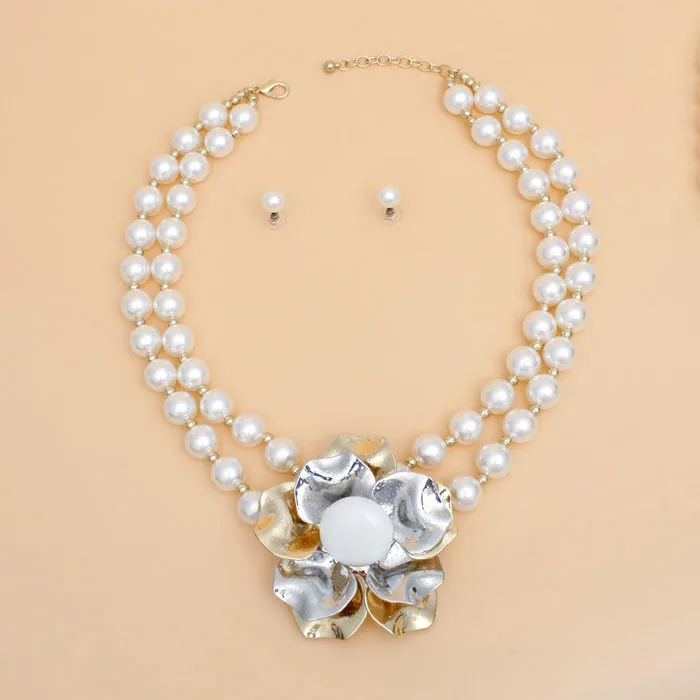 Pearl Necklace Silver Flower Set for Women