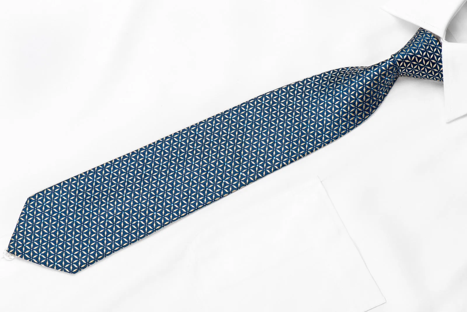 Perry Ellis Men's Crystal Silk Necktie Silver Geometric Trellis on Blue With Silver Sparkles