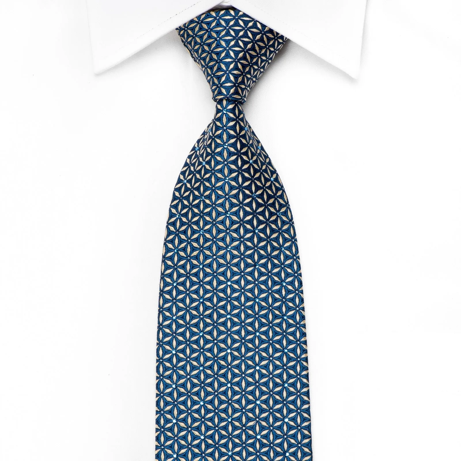 Perry Ellis Men's Crystal Silk Necktie Silver Geometric Trellis on Blue With Silver Sparkles