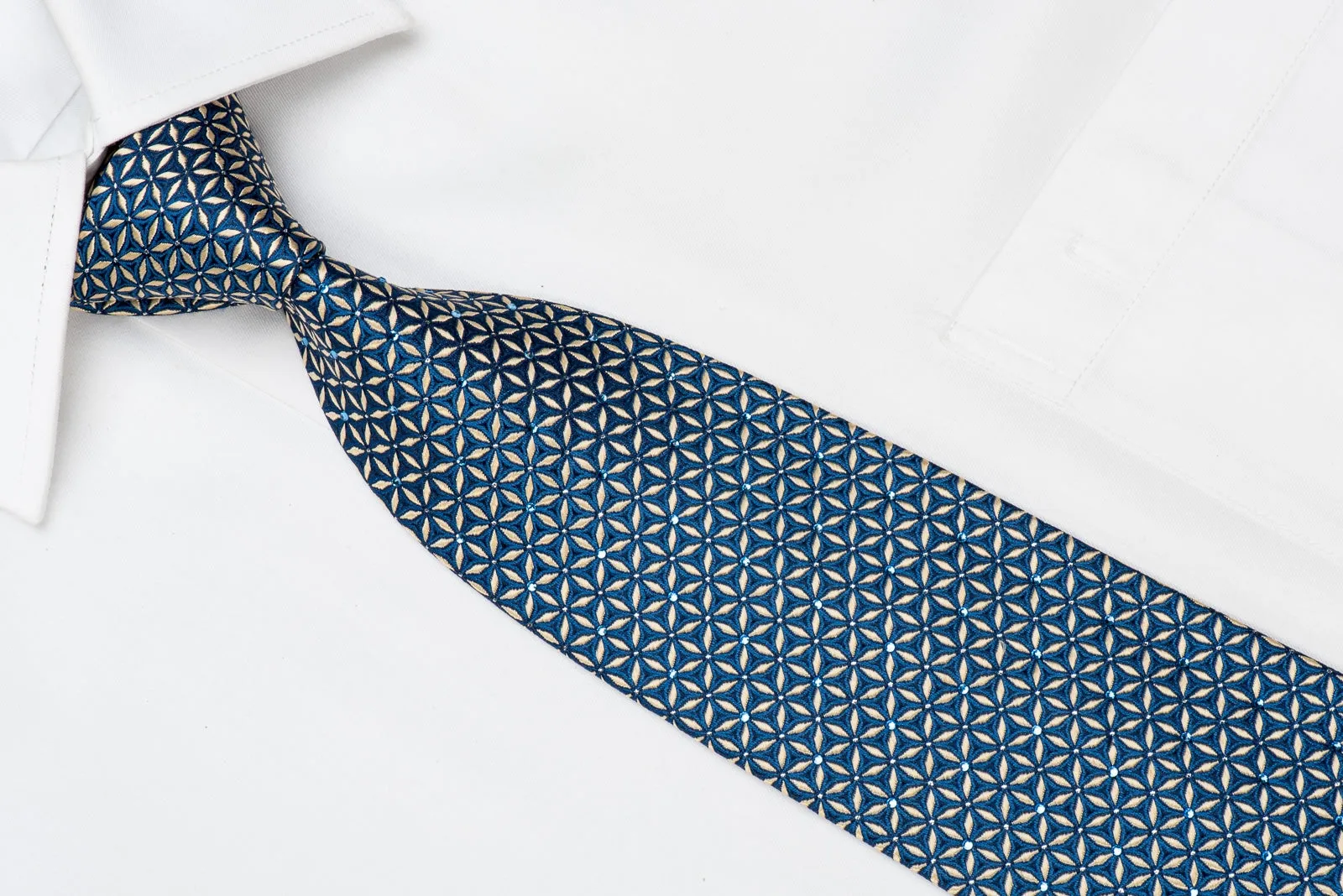 Perry Ellis Men's Crystal Silk Necktie Silver Geometric Trellis on Blue With Silver Sparkles