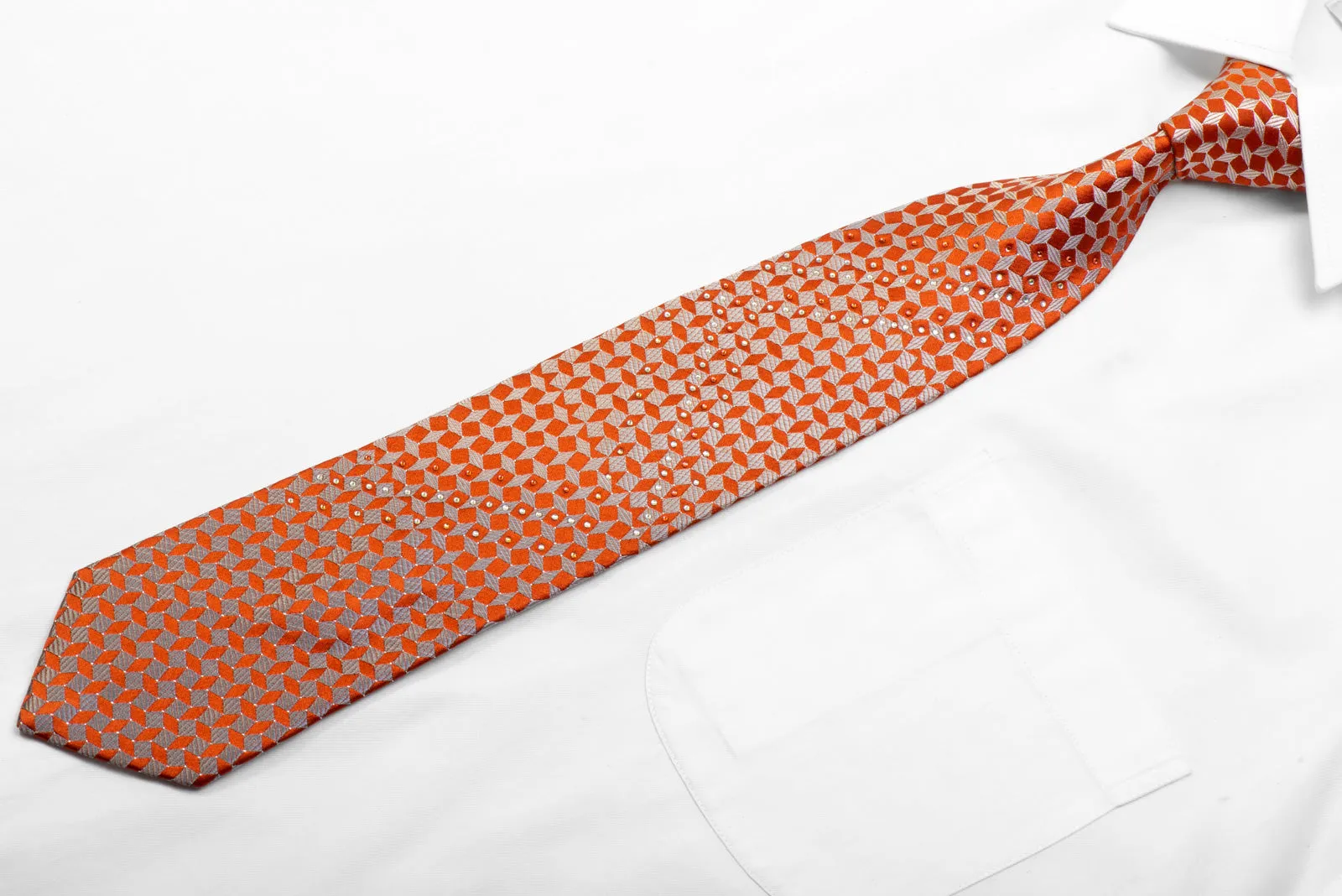 Pierre Cardin Rhinestone Silk Necktie Silver Geometric On Orange With Sparkles