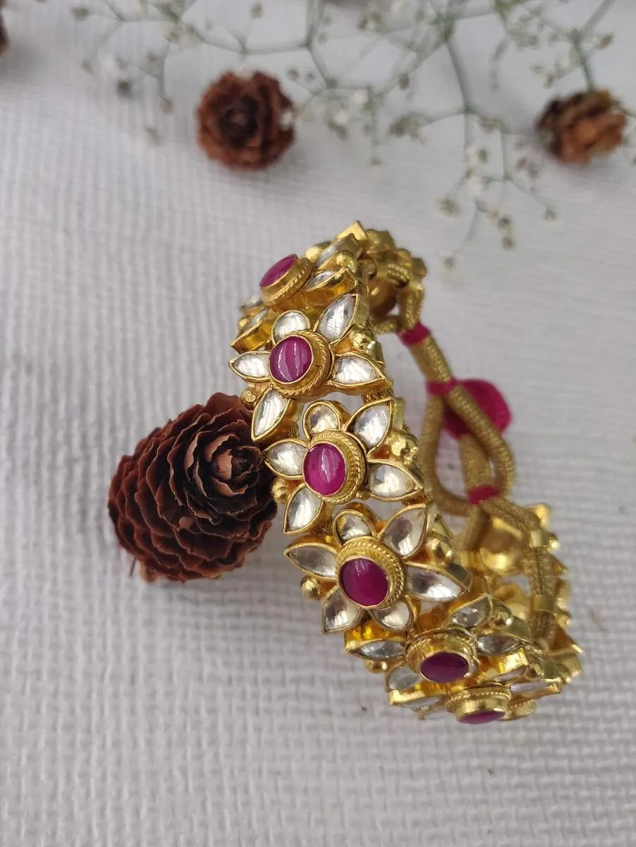 Pink Color Gold Plated Jadau Kundan Bracelet - MB84P