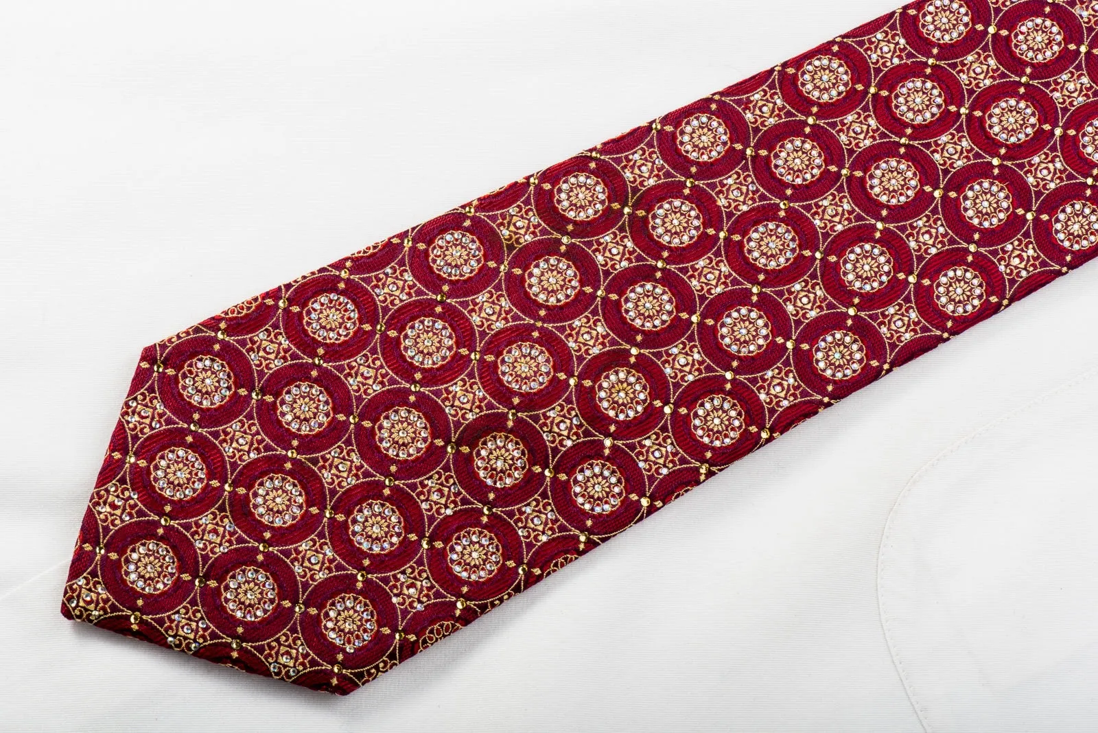 Renoma Mens Rhinestone Silk Necktie Gold Floral Medallions On Burgundy With Sparkles