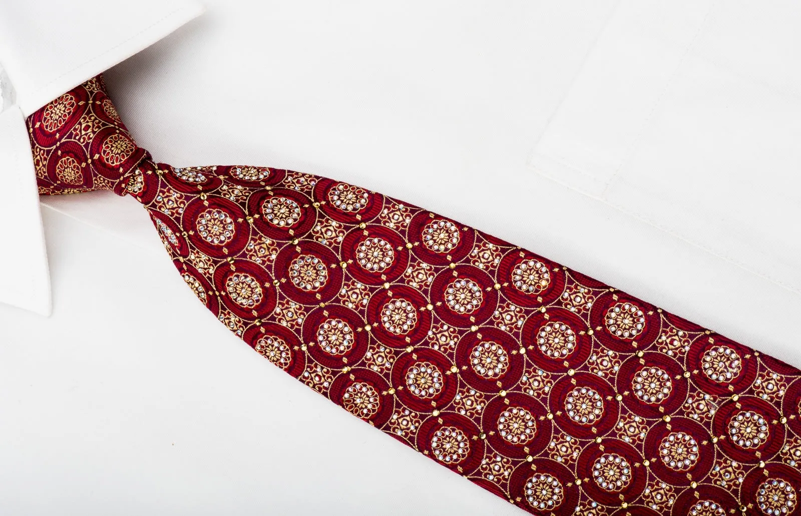 Renoma Mens Rhinestone Silk Necktie Gold Floral Medallions On Burgundy With Sparkles