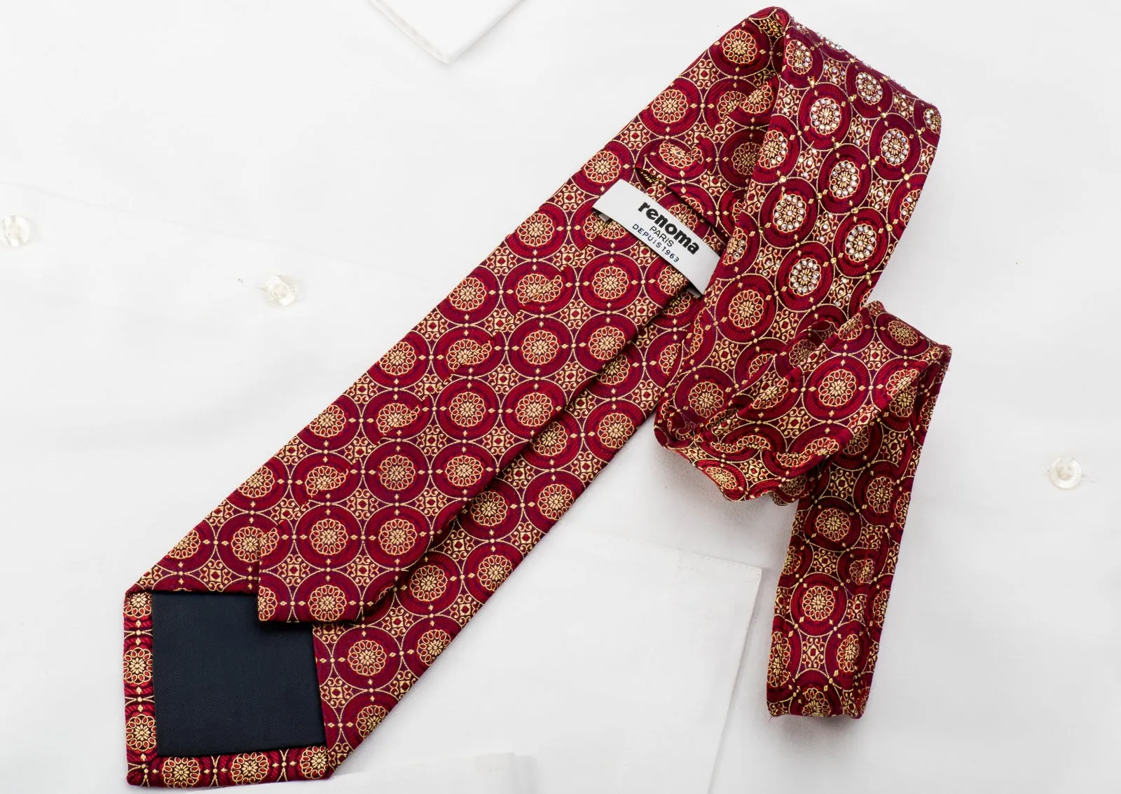 Renoma Mens Rhinestone Silk Necktie Gold Floral Medallions On Burgundy With Sparkles